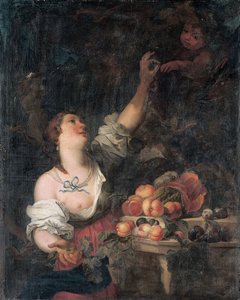 En kvinne som plukker druer og en putto ved en klassisk pidestall utsmykket med frukt av Il Borgognone
