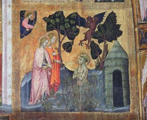 St Francis kaster seg inn i de tornede tornebærene, freskomaleri fra Porziuncola, 1393 av Ilario da Viterbo