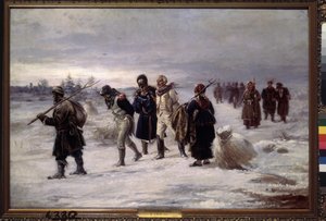 I 1812. (Fanger fanget fra Napoleons Grande Armee går i snøen, utmattet, eskortert av russiske bønder). Maleri av Illarion Mikhailovich Pryanishnikov (1840-1894), olje på lerret