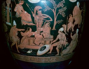 Gresk rødfiguret voluttkrater med scene fra sekken til Troja, 4. århundre f.Kr av Illupersis Painter