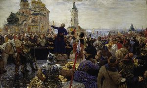 Kouzma (Kuzma) Minin (død 1616) kaller folket i Nizhny Novgorod i 1611 (Han reiste folket i Moskva mot polakkene) (Minin appellerer til folket i Nizhny Novgorod i 1611) - Maleri av Ilya Yefimovich Repin (184304-19304) ), olje på lerret av Ilya Efimovich Repin