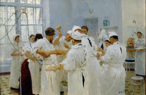 Kirurg Ivan Pavlov (1849-1936) på en operasjonsstue (Kirurgen Pavlov på en operasjonsstue). Omgitt av sitt medisinske team, assistenter og sykepleiere opererer kirurgen en syk pasient. Maleri av Ilya Yefimovich Repin (Ilia Repin) (1 av Ilya Efimovich Repin