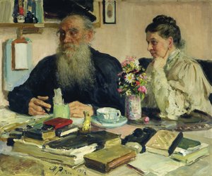 Leo Tolstoy med sin kone i Yasnaya Polyana, 1907 av Ilya Efimovich Repin