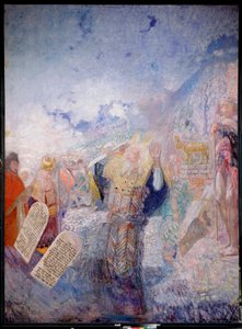 Moses og de ti bud. Bak ham, gullkalven. Maleri av Yuri Ilyich Repin (Youri Repin) (1877-1954), olje på lerret, ca 1930. Russisk kunst, 20. århundre, moderne kunst. I. Repin Memorial Museum Penates, St. Petersburg. av Ilya Efimovich Repin