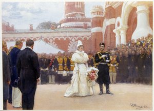 Nicholas II (1868-1918) og hans kone, Alexandra Fedorovna (eller Alexandra Feodorovna) (1872-1918), mottok de eldste i det landlige distriktet, 18. mai 1896, på gårdsplassen til Petrovsky-palasset i Moskva. (Nicholas II tar imot eldste i landdistriktet 18. av Ilya Efimovich Repin