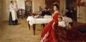 Kunstnerens datter, Tat"iana og hennes familie i et interiør, av Ilya Efimovich Repin