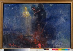Gå bort, Satan! (Få deg herfra, Satan!). (Jesus Kristus frastøter djevelen, i et nattlig landskap). Maleri av Ilya Repin (Ilia Repin) (1844-1930), olje på lerret, etter 1850. Russisk kunst av Ilya Efimovich Repin