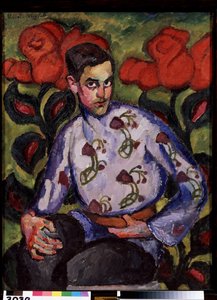Portrett av en gutt i en skjorte med blomster. Maleri av Ilya Ivanovich Mashkov (Ilia Mashkov, Matchkov) (1881-1944), olje på lerret av Ilya Ivanovich Mashkov