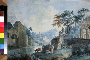 Italiensk landskap. En gjeter leder dyrene sine for å drikke ved elven, de er omgitt av ruiner. I bakgrunnen frakter en båt passasjerer fra den ene bredden til den andre og festningsverk stenger horisonten. Maleri av Ilya Vasilyevich av Ilya Vasilyevich Neyelov