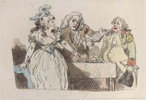 En ung kvinnearving forbereder seg på å signere et dokument, 1780-1800., 1780-1800. av Imitator of Thomas Rowlandson.