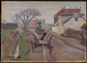 Maleren Ølund Hansen sitter i et vognmaleri av Immanuel Ibsen