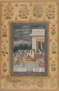 Et par på en terrasse omgitt av deltakere og musikere av Indian 18th Century