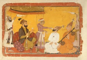 ]7.110359 Gosain Narayan tar gift i nærvær av keiser Jahangir, Nurpur, Pahari School, 1725 av Indian School