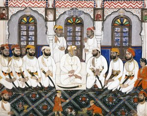 En Jaipur raja kledd for tilbedelse i durbar, ca. 1845 (ugjennomsiktig wc og gull på papir) av Indian School