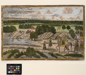 En Nawab og hans holdere på jaktekspedisjon, ca. 1780 (ugjennomsiktig akvarell og gull på papir) av Indian School
