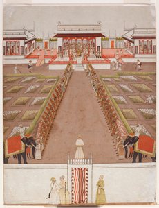 En Nawab-holdeplass i en paviljong, bortenfor en aveny med holdere og to elefanter, ca. 1765 (ugjennomsiktig wc og gull på papir) av Indian School