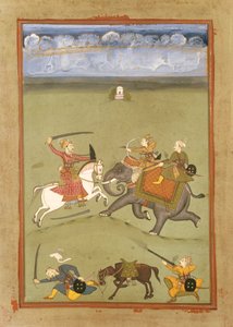 En prins som kjemper mot sine fiender på en elefant, ca. 1710 av Indian School