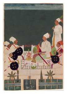A Rathore Chief with His Kinsmen, ca. 1700 (ugjennomsiktig wc og gull på papir) av Indian School