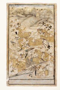 Et slag utkjempet av europeere, ca. 1700 (ugjennomsiktig wc og gull på papir) av Indian School