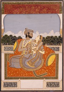 Et par omfavner på en terrasse, ca. 1835 (ugjennomsiktig wc, lakk, gull og glass på papir) av Indian School