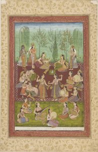 En gruppe kvinner i en hage som underholder seg med musikk og dans (farge og gull på papir) av Indian School