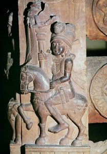 En rytter, detalj fra porten til en buddhistisk stupa, fra Bharhut, Madhya Pradesh, sen Mauryan-periode, Sunga-dynastiet (180-72 f.Kr.)