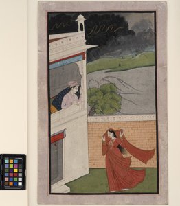 En dame kommer til kjæresten sin i et regnvær, ca. 1830 (ugjennomsiktig m/c og gull på papir)