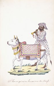En mann med oksen sin, ca. 1825 (blyant, penn, svart blekk, w/c, på Whatman-papir) av Indian School
