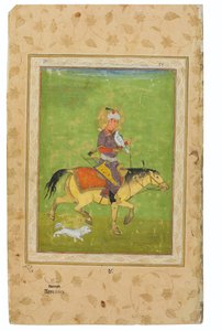 Et maleri av Iraj på hestejakt med en falk, India, Mughal-perioden, slutten av 1500-tallet (ugjennomsiktige pigmenter og gull på wasli) av Indian School