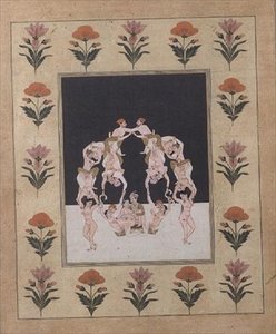 Et par elskere som sitter på en huske sammensatt av andre sammenflettede elskere, ca. 1830 (gouache på papir) av Indian School