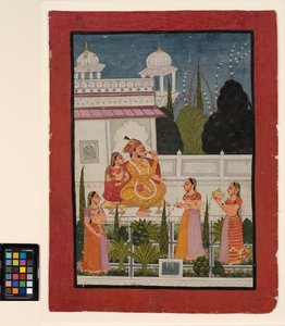 En raja på en terrasse med rani hans, deltatt av tre kvinner, sent på 1700-tallet (ugjennomsiktig akvarell på papir) av Indian School