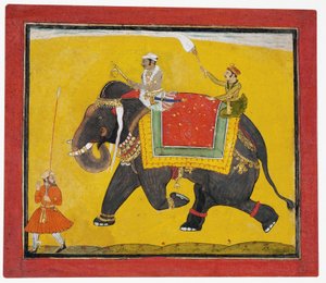 En raja som rir på en elefant, ca. 1690 (ugjennomsiktig wc på papir) av Indian School