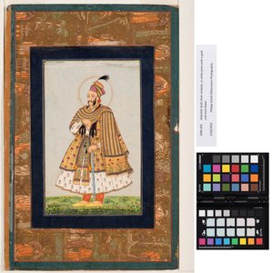 Abdullah Qutb Shah nimbate, i hvit jama med gullfrakk og sjal, ca. 1680 (ugjennomsiktig akvarell og gull på papir) av Indian School