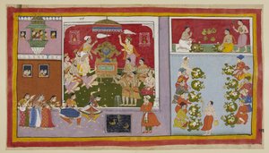 Legg til 15296 (1) f.106r, Gjennom sine magiske krefter har Bharadvaja tryllet frem et palass i en fornøyelsesplass for underholdning og forfriskning for sine gjester. Bharadvaja og de andre asketene og brahminene sitter i tronsalen, mens de to prinsene gr av Indian School