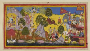 Legg til 15296 (1) f.112r, tumulten fra den nærme hæren etter å ha skremt Rama, han ber Laksmana klatre opp i et tre for å finne ut hva som forårsaker larmet. Laksmana klatrer opp i et blomstrende sala-tre og gjenkjenner i det fjerne Bharatas standard med  av Indian School