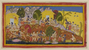 Legg til 15296 (1) f.114r, Øverst i midten kaster Bharata og Shatrughna seg for føttene til Rama, som omfavner sine yngre brødre og lukter på hodet til Sitaeir. Rama tar dem på fanget mens han spør etter deres og farens velferd, og h av Indian School
