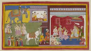 Legg til 15296 (1) f.11r, Dasaratha, tronet i durbar, forteller brahminene Vasistha og Vamadeva og hans minister Sumantra om hans intensjon om å fratre sin trone til Rama som regent; til venstre tilkaller disse tre Rama og Laksmana. Over begynner fire brah av Indian School