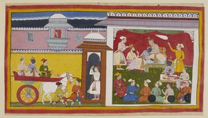 Legg til 15296 (1) f.12r, Sumantra bringer Rama og Laksmana i en vogn til Dasarathas durbar-sal, med en kvinne som ser ned ovenfra gjennom en jharokha. Kongen hilser Rama, informerer ham om avgjørelsen hans og setter ham på en liten trone ved siden av ham  av Indian School