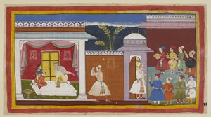 Legg til 15296 (1) f.27r, Vasistha har fortalt Sumantra å fortelle kongen at alt er klart, og han informerer Dasaratha om dette. Han får beskjed av Kaikeyi, med Dasarathas tause samtykke, om å hente Rama. Utenfor palassinngangen til høyre, borgere og andre av Indian School
