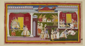 Legg til 15296 (1) f.34r, Rama aksepterer sin forvisning med fullkommen sinnsro, og han og Laksmana tar avskjed med Kaikeyi og Dasaratha, som med nedslått hode og avvendt blikk ikke kan få seg til å se på sønnen. Han og Laksmana forlater Kaikeyis palass og av Indian School