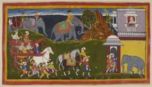 Legg til 15296 (1) f.4r, Bharata, Shatrughna og deres onkel, sammen med holdere og to ledede ridehester, med lastede elefanter bortenfor horisontlinjen, ankommer palasset til kongen av Kekaya, Bharatas morfar, som venter på dem ser ut av Indian School