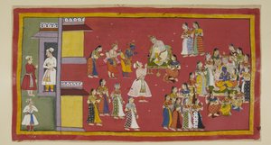 Legg til 15296 (1) f.50r, Dasaratha hadde tidligere beordret Sumantra å tilkalle sine dronninger og alle hans koner, som nå omgir kongen når Sumantra henter de landflyktige inn for å ta farvel. Dasaratha prøver å overtale Rama til ikke å gå til skogen, sel av Indian School