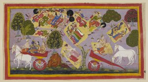 Legg til 15296 (1) f.61r, De landflyktige har nådd Tamasa-elven og tilbringer natten på dens bredder, fortsatt omgitt av de sørgende byens innbyggere. Sita og Rama ligger og sover på en gressleie, mens Laksmana og Sumantra snakker om Ramas dyder, og hesten av Indian School