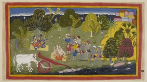 Legg til 15296 (1) f.63r, følgesvennene har nådd elven Ganga ved Srngaverapura Rama og Sita sitter på en matte av halm under et tre, ment å være et Ingudi-tre, mens Laksmana og Sumantra sitter på samme måte vendt mot dem. Hestene har vært ufarlige av Indian School