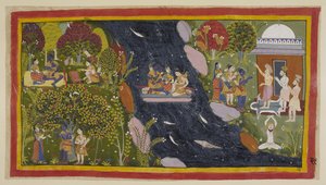 Legg til 15296 (1) f.69r, Bharadvaja, til høyre i sin eremitage, gir de reisende beskjed om veien til Citrakuta. I sentrum krysser de Yamuna på en improvisert flåte, mens Sita ber igjen til gudinnen til elven for en trygg retur, og på av Indian School