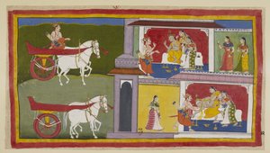 Legg til 15296 (1) f.72r, Til venstre vender Sumantra tilbake til Ayodhya og går inn i palasset for å gi Ramas siste beskjed til kongen, som sitter med Kausalya og Sumitra ved siden av seg. Kongen faller i svime og blir fanget av Sumantra og dronningene. av Indian School