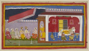 Legg til 15296 (1) f.76r, Dasaratha ligger på sengen sin i kammeret sitt, de to dronningene sitter ved siden av ham, alle tre i en samtaleholdning, mens de prøver å trøste hverandre. Utenfor rommet er brahminer og ministre i samtale med Sumantra. Den av Indian School