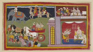 Legg til 15296 (1) f.84r, Sendebudene, i et øvre kammer, ber prinsene vende tilbake til Ayodhya. Nedenfor i tronsalen, kledd for reisen, tar prinsene farvel til kong Kaikeyi og hans sønn Yudhajit. De sitter ute i en vogn med m av Indian School