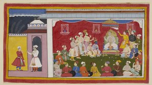 Legg til 15296 (1) f.8r, Dasaratha sitter på sin trone i full durbar, med Rama og Laksmana knelende ved siden av ham, mens budbringeren sendt av Bharata fra bestefarens hoff forteller Sitae-kongen hvor flittig hans to andre sønner studerer. En ring på ca av Indian School
