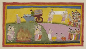 Legg til 15296 (1) f.93r, Dasarathas kropp er fjernet fra gryten med olje og er nå brakt på et kull, båret av fire menn, til den brennende bakken på bredden av elven Saray?. Den er innledet av en oksevogn lastet med tre og etterfulgt av th av Indian School